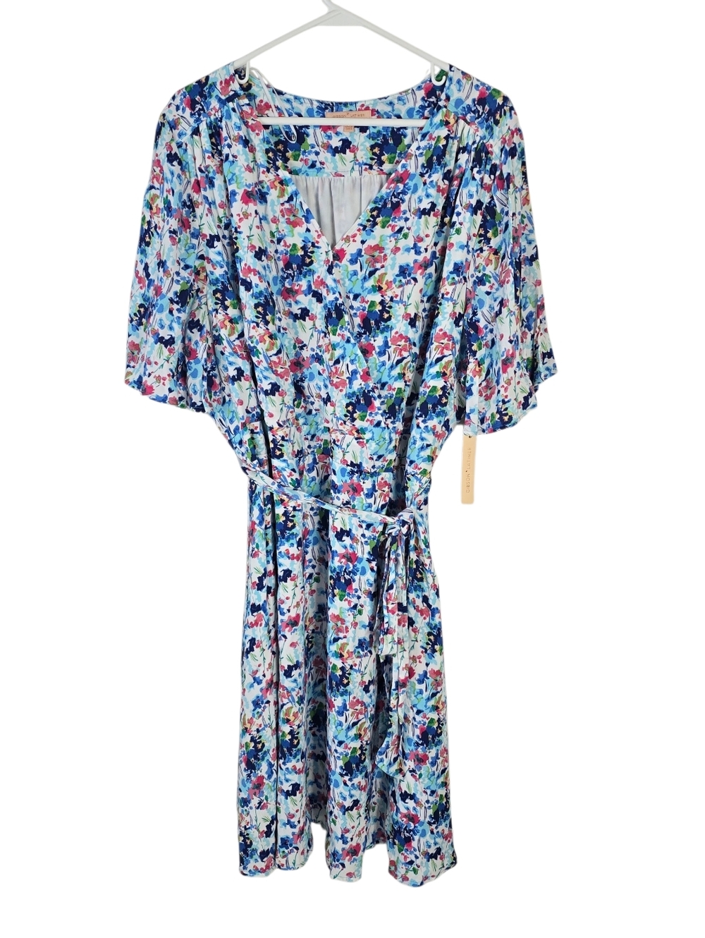 New Gibson Latimer Floral Wrap Bodice Dress XL Flutter Sleeves Tie Waist